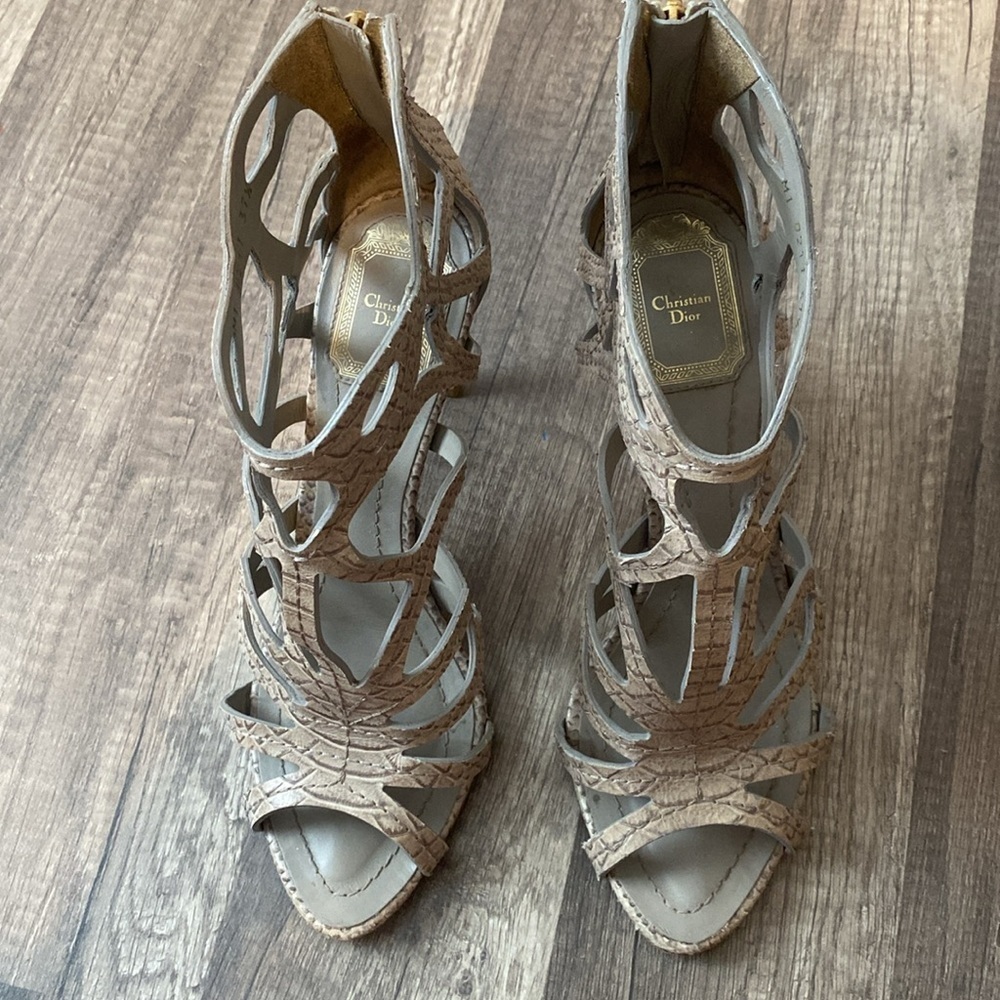 CHRISTIAN DIOR Paradis Python Embossed Leather Sandals Heels 37.5 Grey Cut Out - Picture 3 of 8